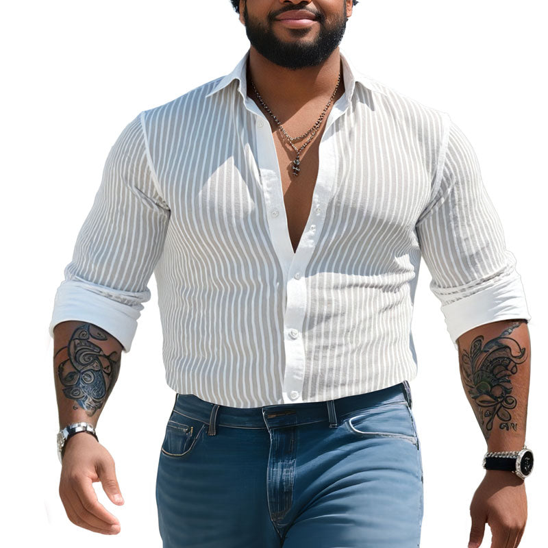Men's Solid Color Striped Lapel Long Sleeve Shirt 9261775323320