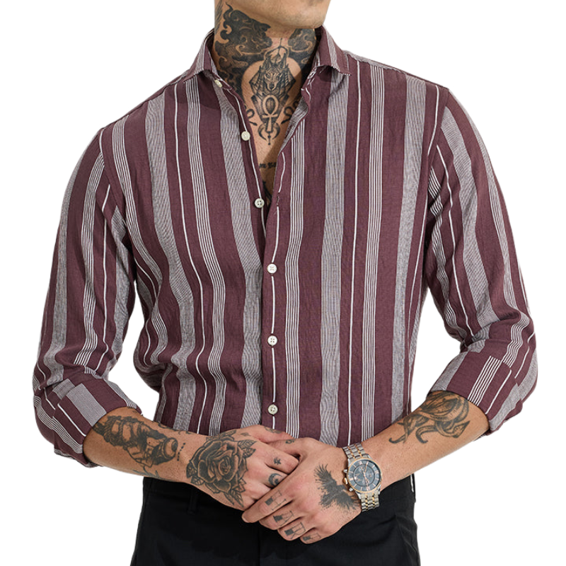 Men's Casual Classic Lapel Cotton Blend Striped Long Sleeve Shirt 9904629874872