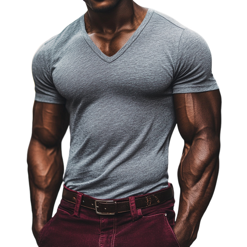 Men's Retro Casual Mixed Color Slim V-Neck Short Sleeve T-Shirt 9903252570296