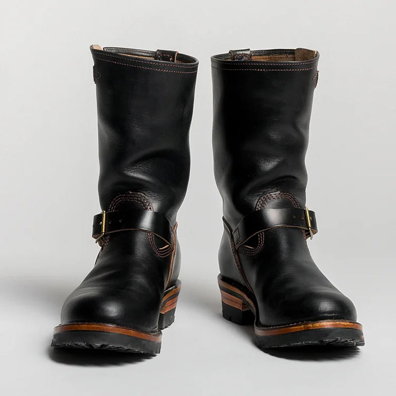 Men's Vintage Triple Stitched Black Horsehide Brass Buckle Boots 9891526017208