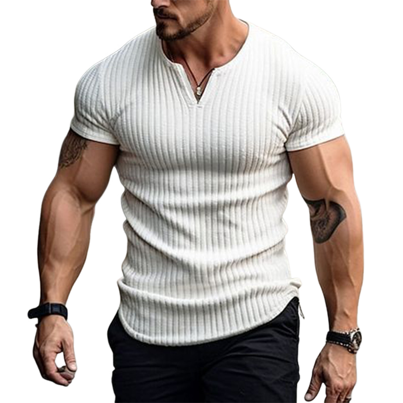 Men's Slim Fit Small V-neck Solid Color Ribbed Short-sleeved T-shirt 9901327450296
