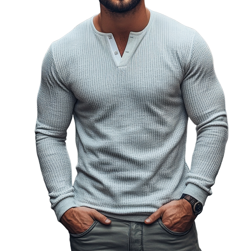 Men's Vintage Casual Waffle Henley Neck Long Sleeve T-Shirt 9901325779128