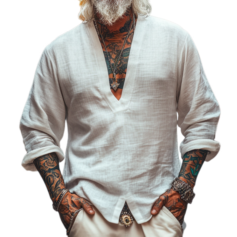 Men's Casual Vintage V-neck Cotton Blend Long-sleeved T-shirt 9912946196664