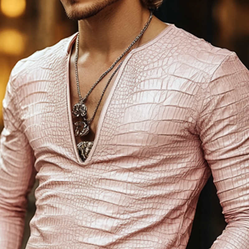 Men's Fashion Slim Fit V-Neck Textured Leather Long Sleeve T-Shirt 9899713953976