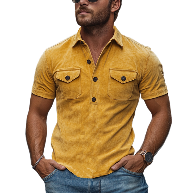 Men's Retro Casual Slim V-Neck Multi-Pocket Suede Short-Sleeved POLO Shirt 9903595192504