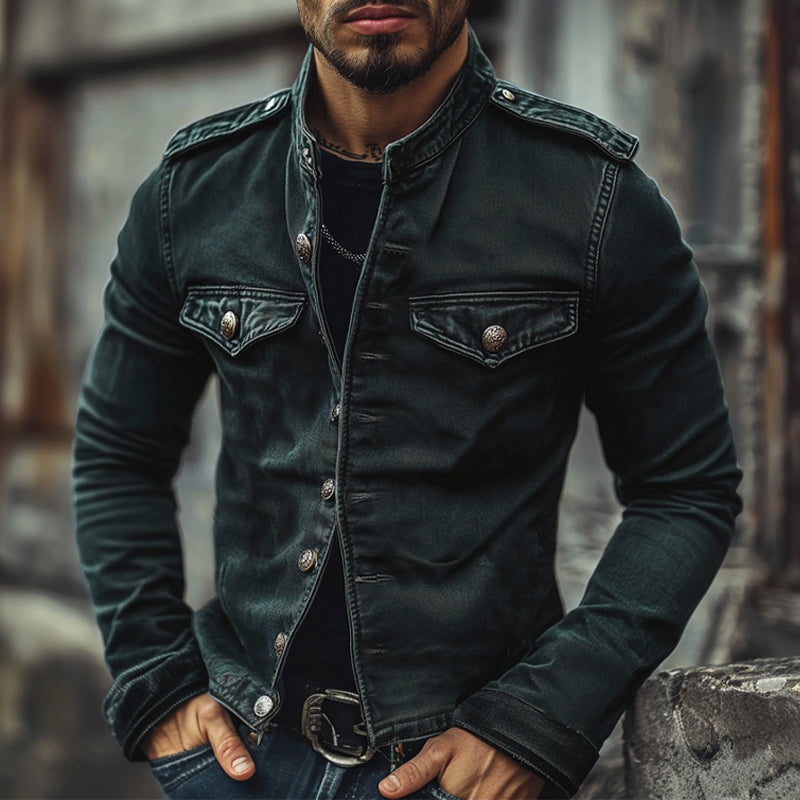 Men's Vintage Stand Collar Denim Jacket 9923553525944