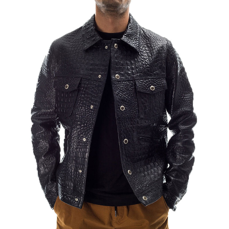 Men's Lapel Leather Crocodile Pattern 9878573809848