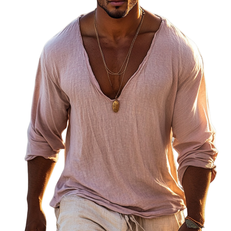 Men's Retro Casual Cotton and Linen V-neck Long Sleeve Shirt 9905397694648