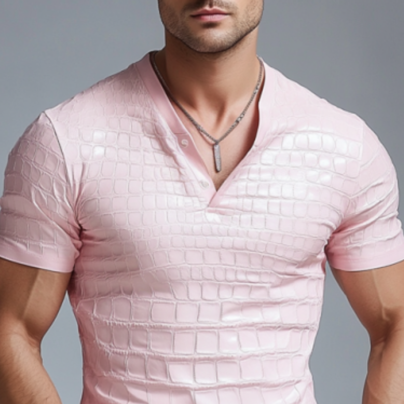Men's Fashion Slim V-neck Textured Leather Short Sleeve T-shirt 9899713757368