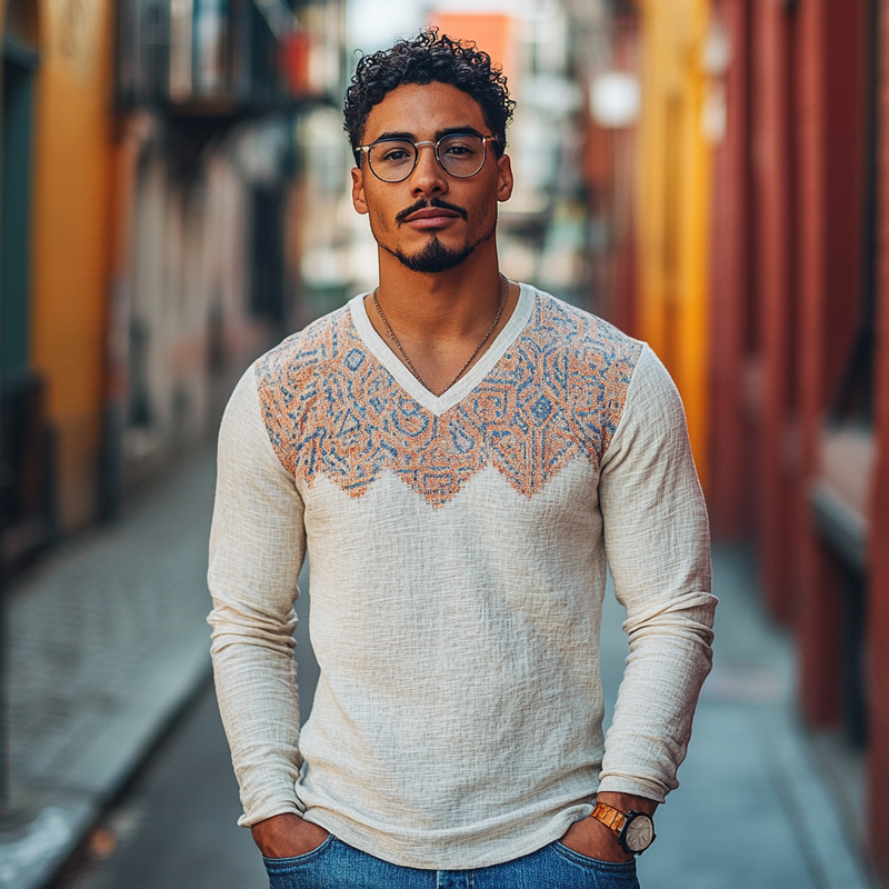 Men's Vintage Casual Cotton Blended Digital Printed V-Neck Long Sleeve T-Shirt 9911546740920