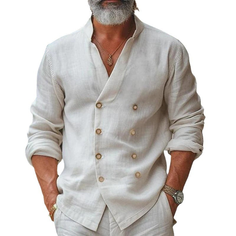Men's Double Row Stand Collar Cotton Linen Long Sleeve 9879136698552