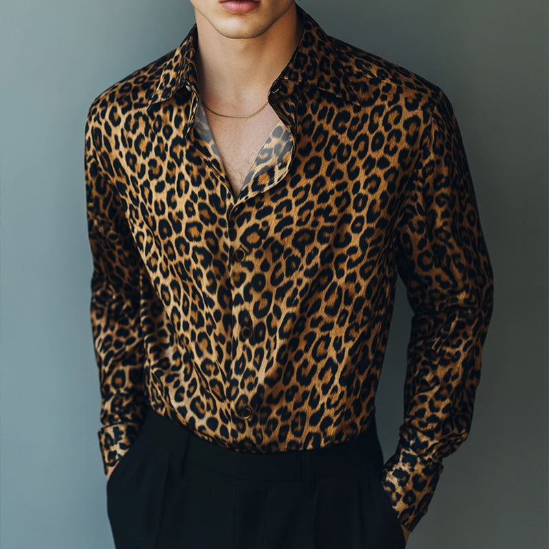 Men's Retro Casual Leopard Print Lapel Long Sleeve Shirt 9905397498040