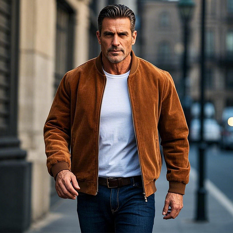 Men's Solid Suede Baseball Collar Zip-Up Jacket 9906102075576