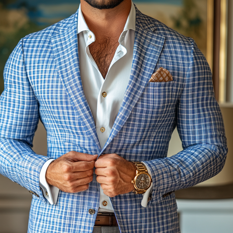 Men's Fashion Spring Summer Checked Notch Lapel Two Buttons Blazer 9909012201656
