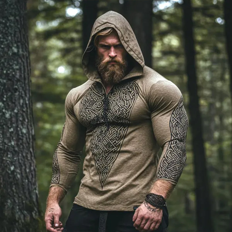 Men's Retro Casual Viking Totem Print Hooded Long Sleeve T-shirt 9901326368952