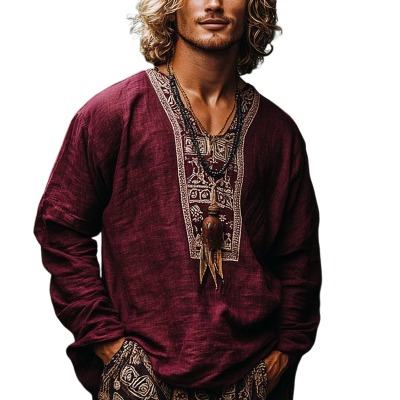 Men's Fashion Ethnic Style Embroidery V Neck Long Sleeve Cotton And Linen Shirt 9899736694968