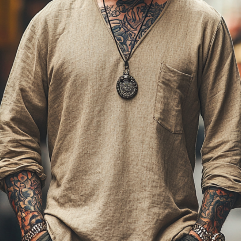 Men's Vintage Casual V-Neck Blended Long Sleeve T-Shirt 9905397203128