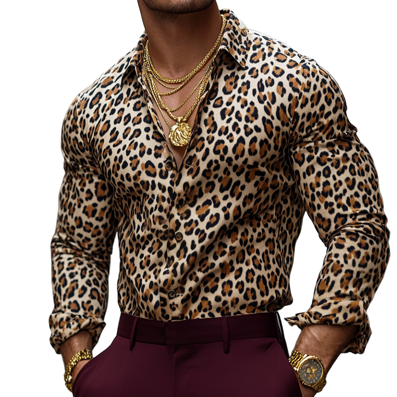 Men's Retro Casual Leopard Print Lapel Long Sleeve Shirt 9905397924024