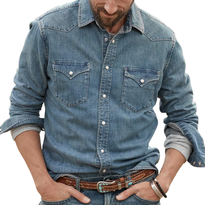 Men's Fashion Western Style Lapel Long Sleeve Denim Shirt 9903250571448