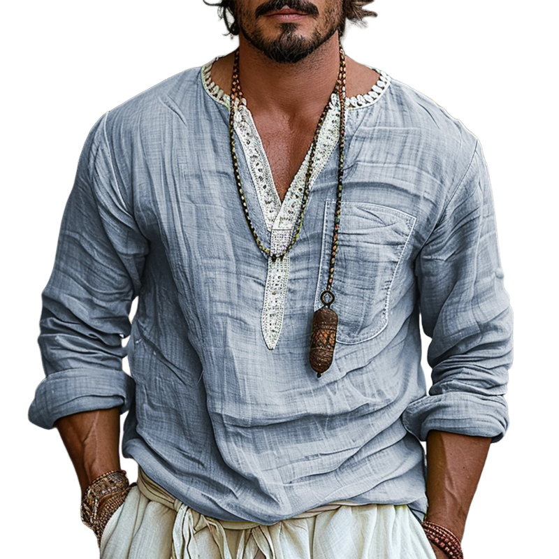 Men's Ethnic Style V Neck Long Sleeve Cotton And Linen Loose Shirt 9899714969784