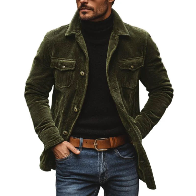 Men's Vintage Corduroy Lapel Single Breasted Mid-Length Jacket 9261081985208