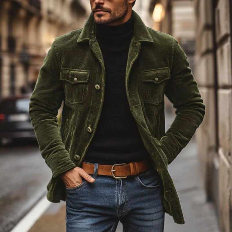 Men's Vintage Corduroy Lapel Single Breasted Mid-Length Jacket 9261081985208