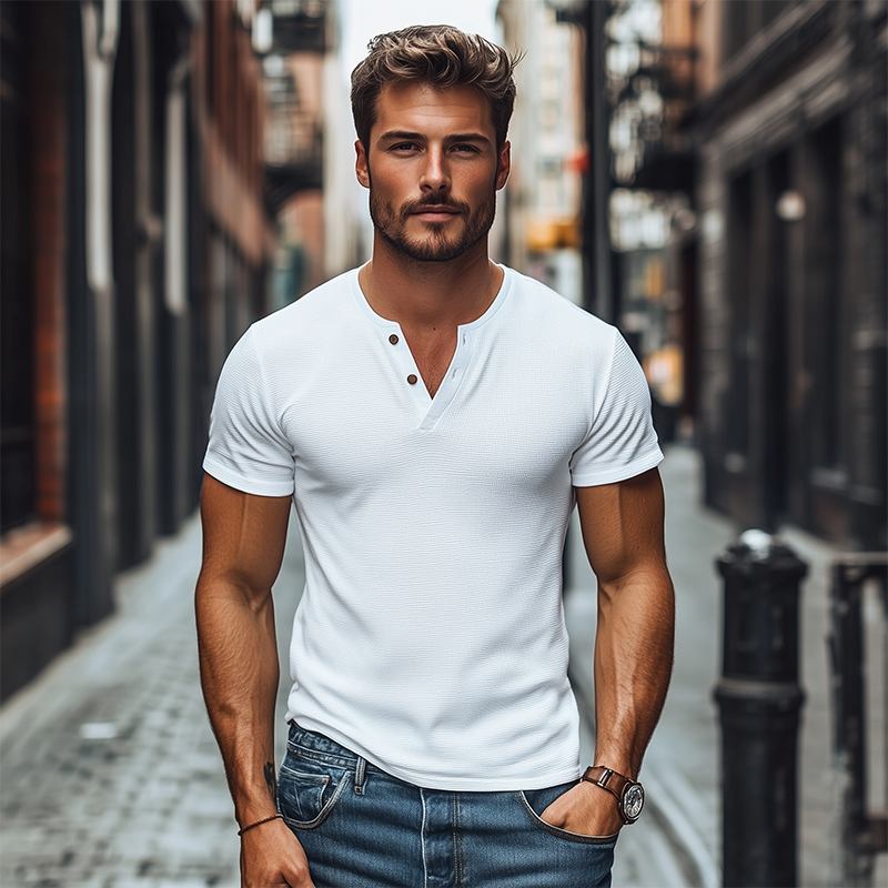 Men's Classic Casual Slim Fit Deep V Neck Button Short Sleeve T-Shirt 9907264848056