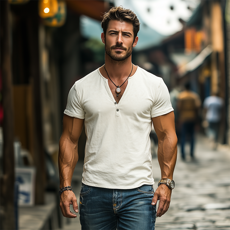 Men's Classic Casual Slim Fit Solid Color Suede Deep V Neck T-Shirt 9907265470648