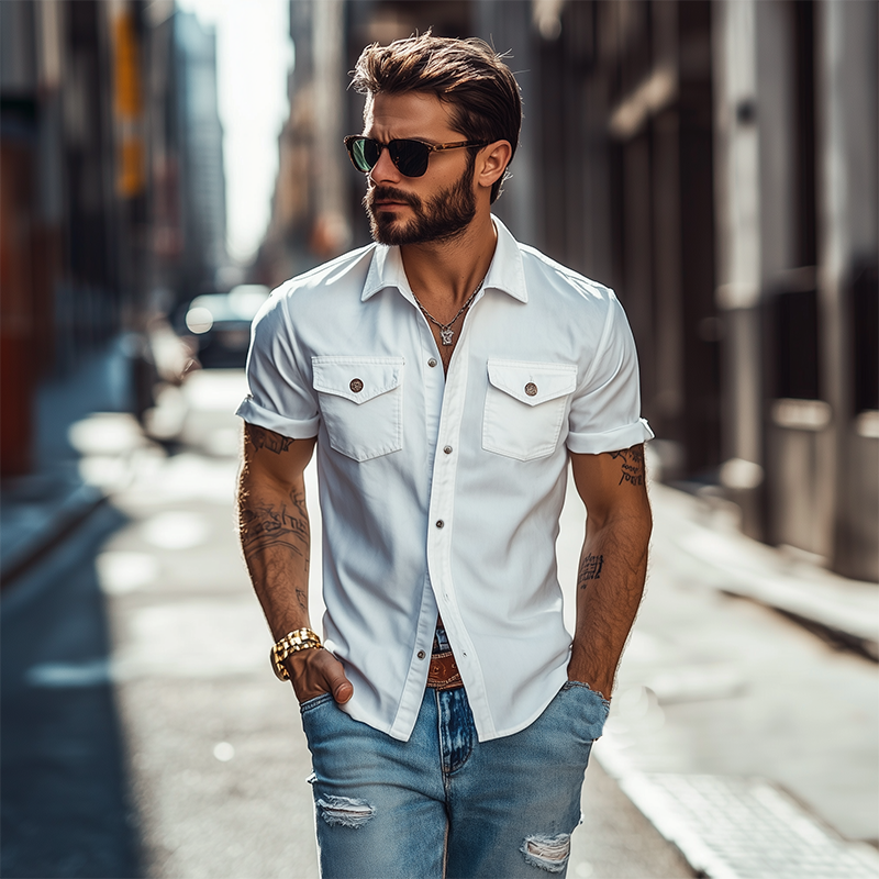 Men's Classic Casual Solid Color Slim Fit Multi-Pocket Short Sleeve Shirt 9907265339576