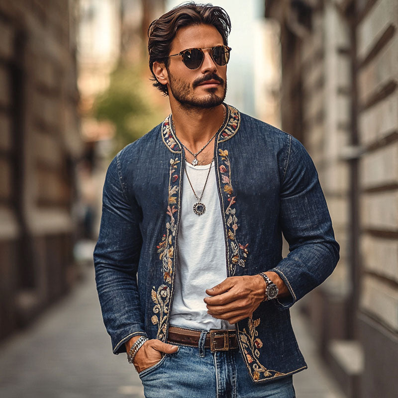 Men's Vintage Round Neck Embroidered Slim Denim Cardigan 9894194086072