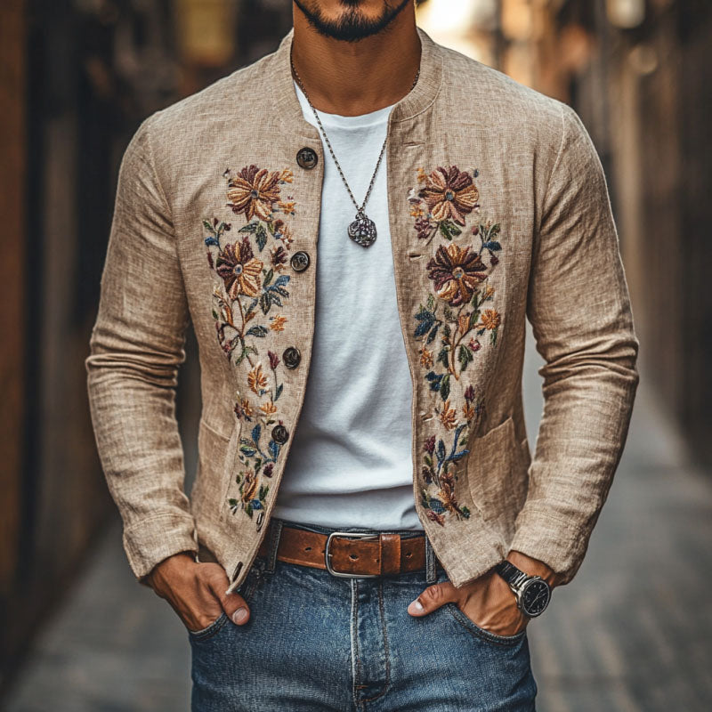 Men's Casual Linen Embroidered Stand Collar Single Breasted Slim Fit Jacket 9923553624248