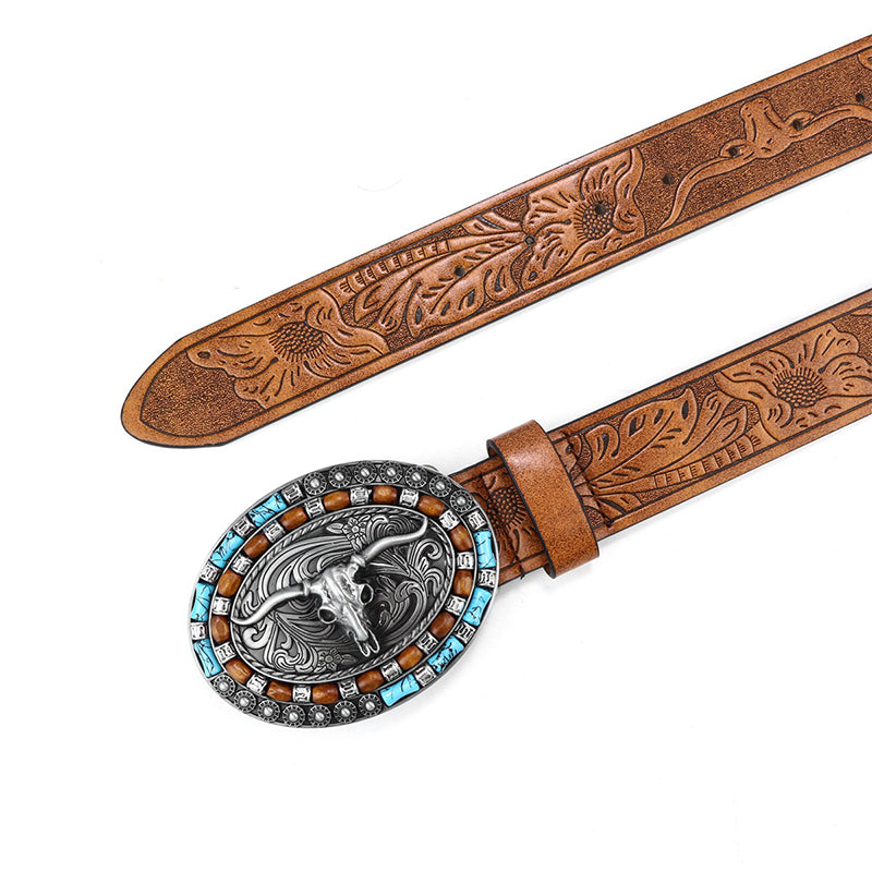Men's Vintage Western Cow Head Leather Belt 9891529064632