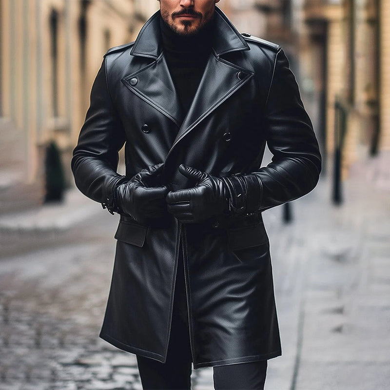 Men's Business Solid Color Vintage Leather Lapel Double-breasted Coat 9888735297720