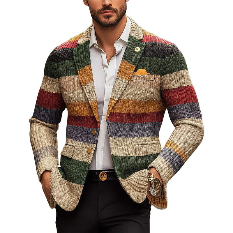 Men's Casual Rainbow Striped Lapel Long Sleeve Knit Cardigan 9888734314680