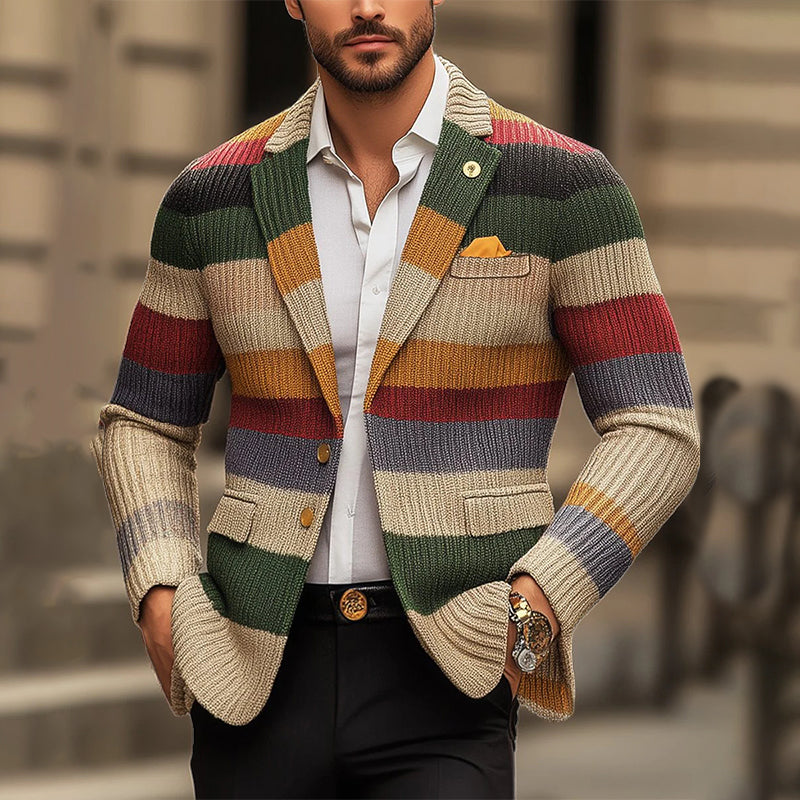 Men's Casual Rainbow Striped Lapel Long Sleeve Knit Cardigan 9888734314680
