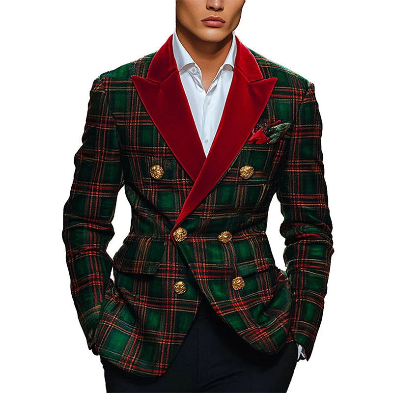 Men's Classic Plaid Lapel Double-Breasted Festive Blazer 9888734380216