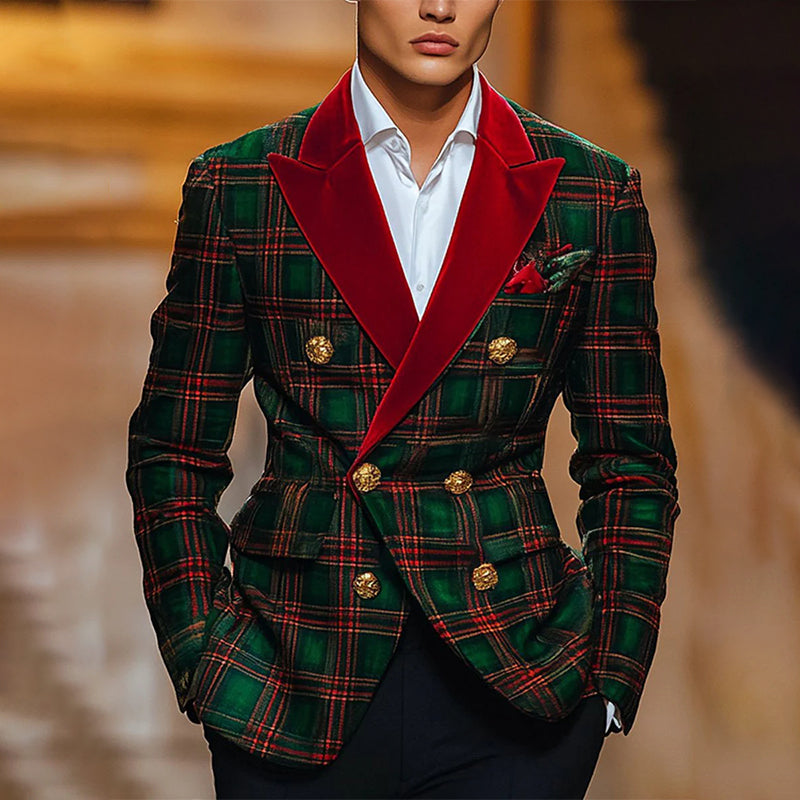 Men's Classic Plaid Lapel Double-Breasted Festive Blazer 9888734380216