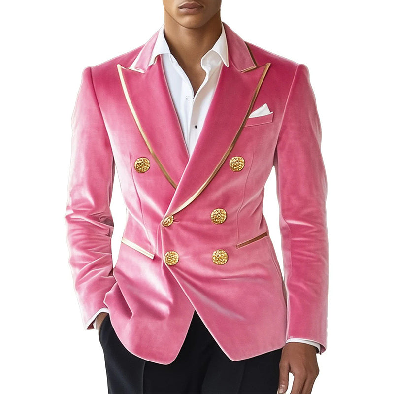 Men's Contrast Pink Velvet Double-Breasted Vintage Blazer 9888736346296