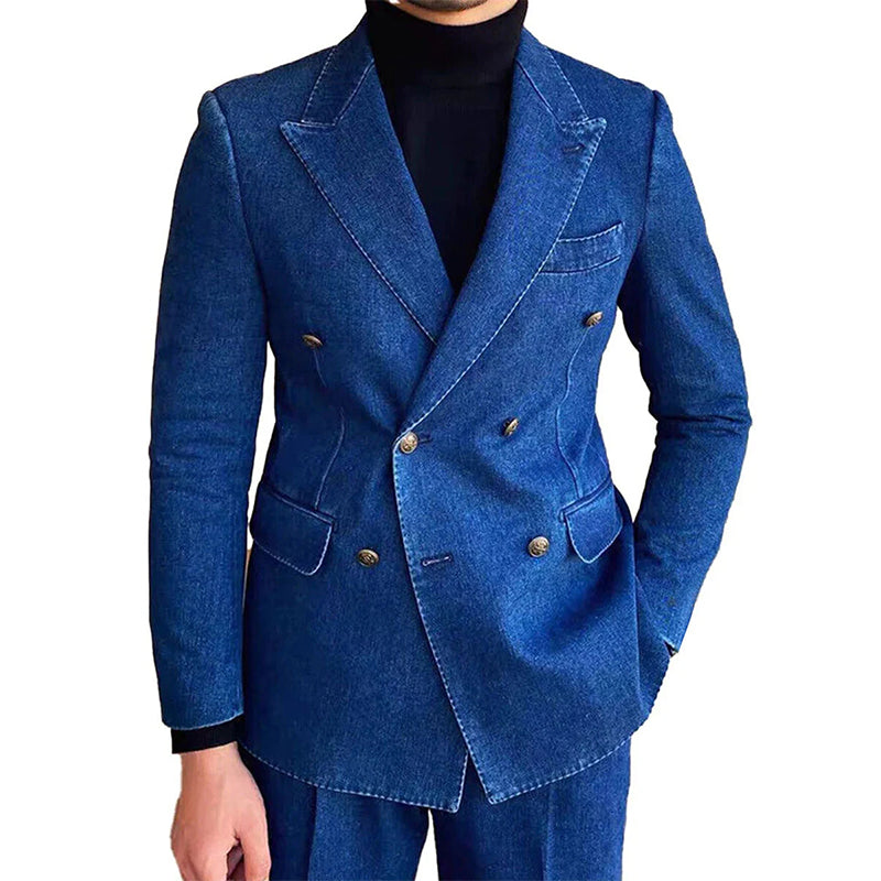 Men's Double-Breasted 3-Pocket Lapel Casual Denim Blazer 9888734675128