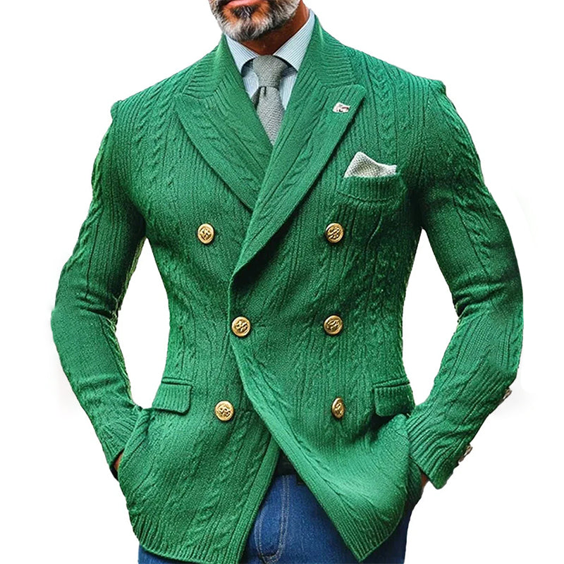 Men's Double Breasted Lapel Cable Knit Cardigan Blazer 9888735527096