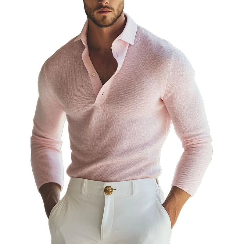 Men's Half-Open Collar Pink Long-Sleeved Knitted T-Shirt 9888735396024