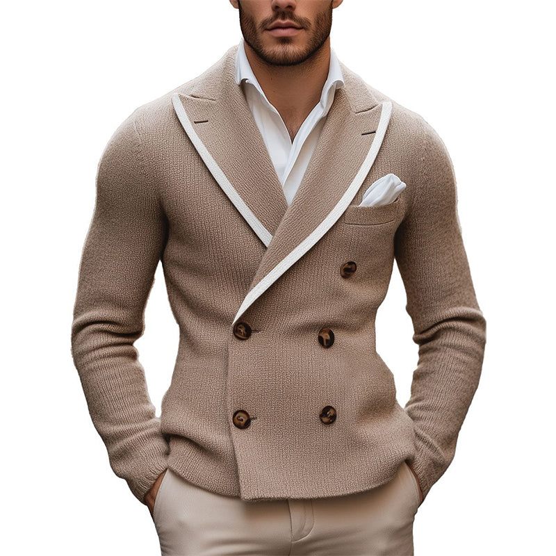 Men's Lapel Contrast Edge Double Breasted Elegant Knitted Blazer 9888736379064