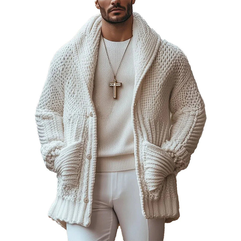 Men's Solid Color Lapel Single-Breasted Double-Pocket Warm Knitted Cardigan 9888736149688