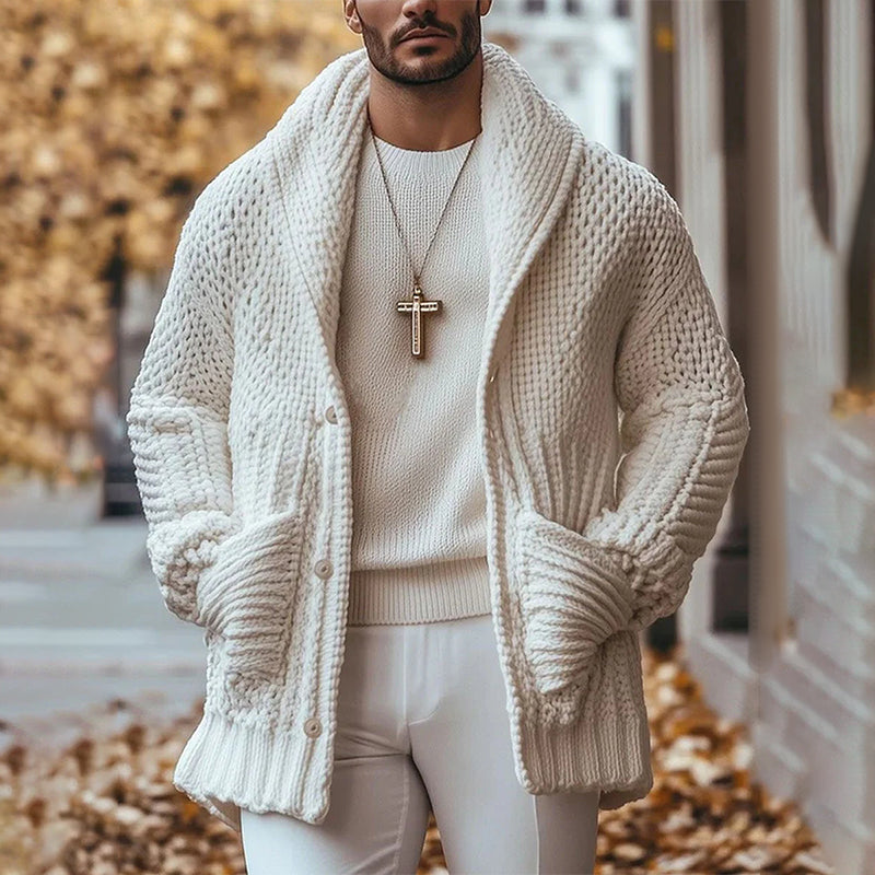 Men's Solid Color Lapel Single-Breasted Double-Pocket Warm Knitted Cardigan 9888736149688
