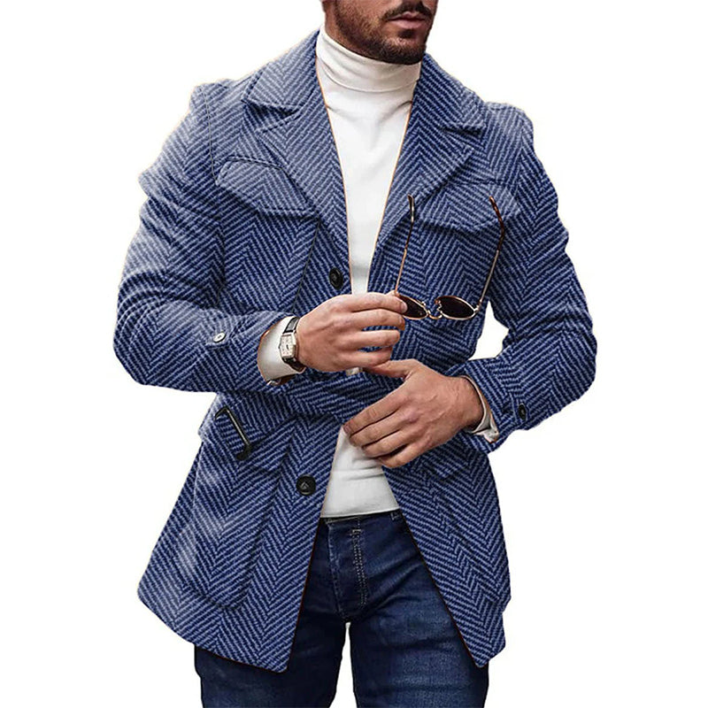 Men's Vintage 4-Pocket Lapel Lace-Up Casual Herringbone Woolen Coat 9888735166648