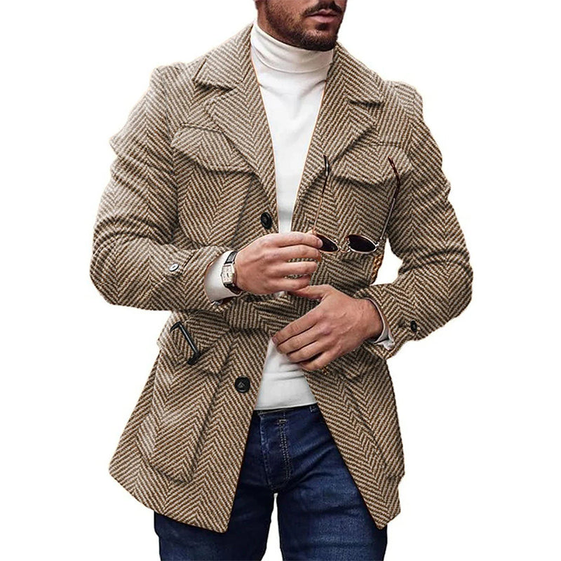 Men's Vintage 4-Pocket Lapel Lace-Up Casual Herringbone Woolen Coat 9888735166648