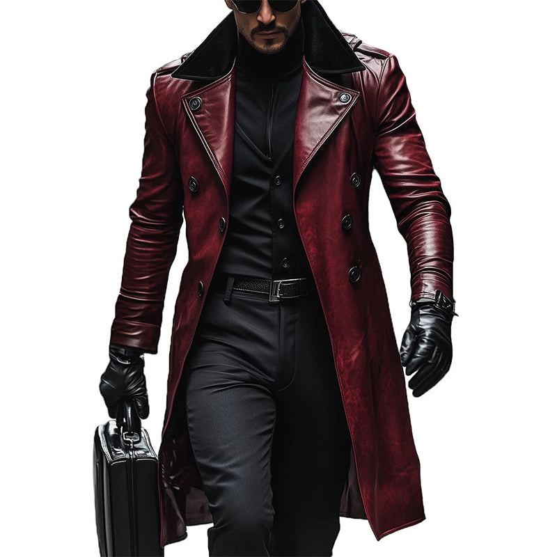 Men's Vintage Contrast Lapel Double-breasted Leather Coat 9888734511288