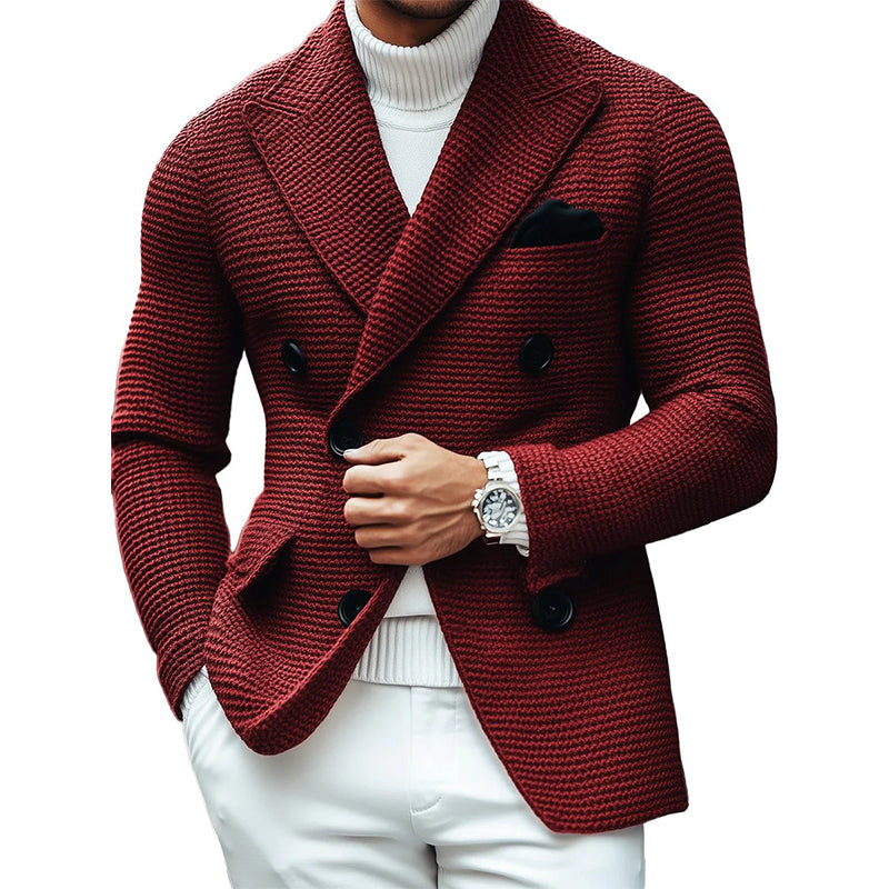 Men's Vintage Lapel Multi-Pocket Casual Double Breasted Knitted Blazer 9888734216376