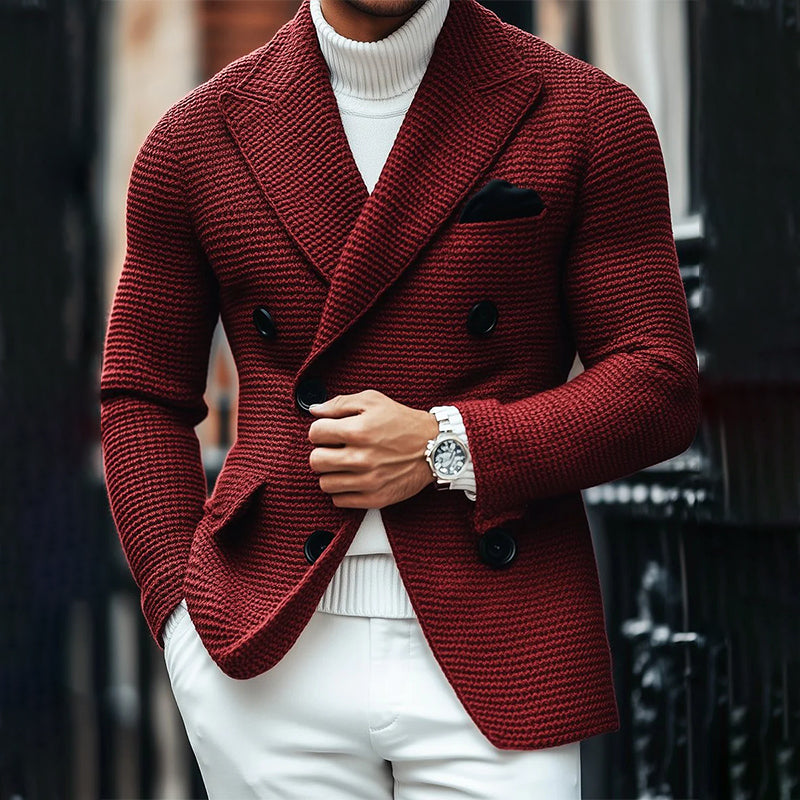 Men's Vintage Lapel Multi-Pocket Casual Double Breasted Knitted Blazer 9888734216376