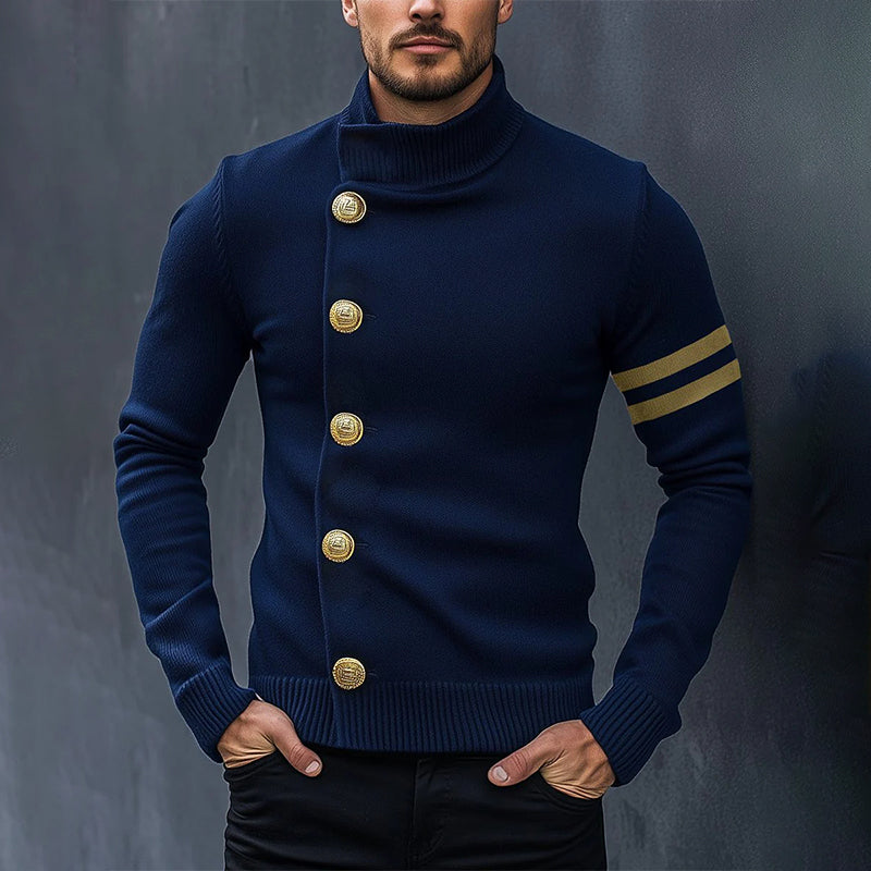 Men's Vintage Navy Stand Collar Knit Cardigan 9888736411832